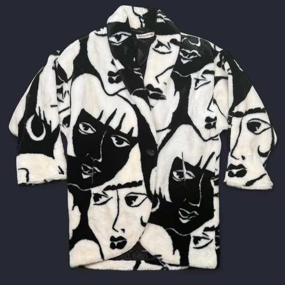 Vintage DonnyBrook abstract faces faux fur coat - Picture 2 of 8